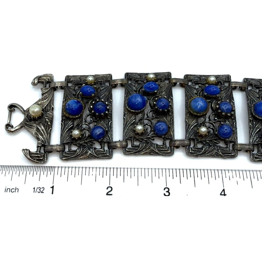 Vintage Silver Blue & White Stone Bracelet Antique Ornate Brutalist Panel Lapis